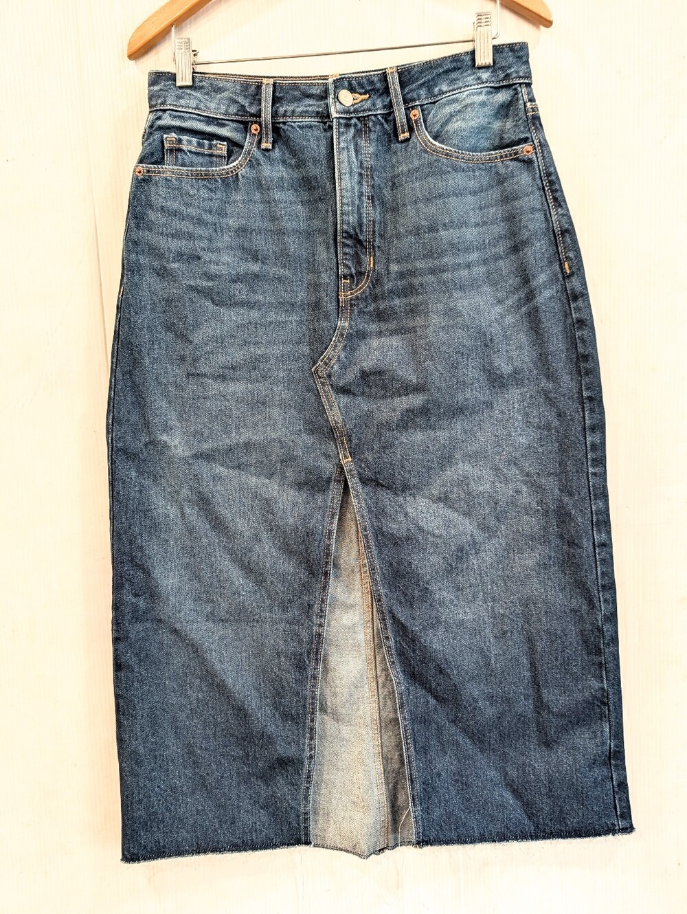 OLD NAVY Women's High Rise Dark Blue Denim Midi Skirt with Front Slit Size 8